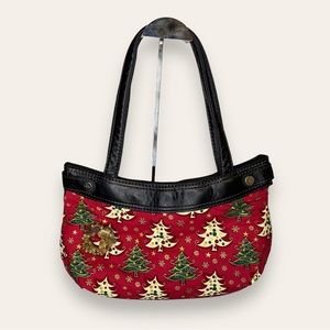 Thirty-One Christmas Tree Handbag Purse with Pinned Resin Wreath Red Green White